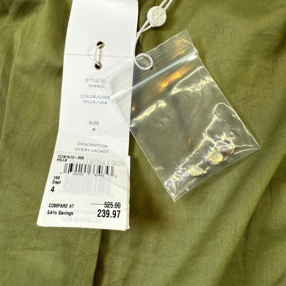TORY BURCH Avery Hills Linen Blend 3/4 Jacket Blazer Olive Green Size‎ 4 New